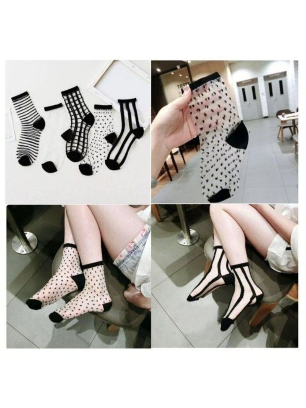 ⭐Women Silky Socks 5 Pairs Transparent Elastic Mesh Multi design Ankle Black Ne